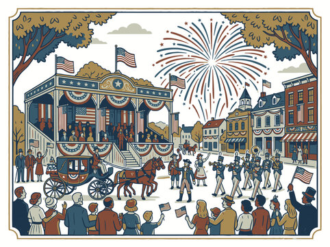 Patriotic independence day parade in a historic small town square