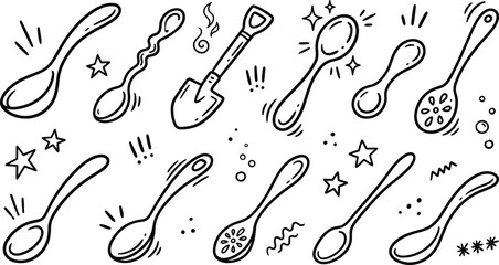 Spoon and ladle doodle line art illustration set featuring novelty shovel cutlery kitchen utensils stars and decorative graphics. © Hafizul