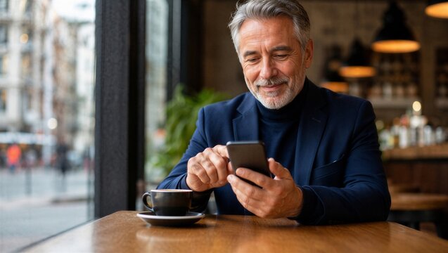 Mature man using mobile phone in cafe. Senior businessman checking message on smartphone near window. Modern lifestyle, communication technology, connection and independence of elderly person.