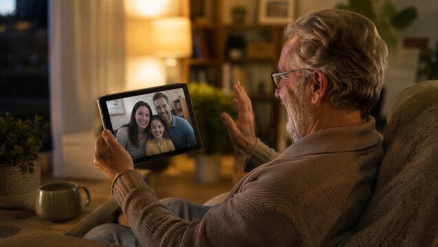 Elderly man having video call with his family on digital tablet. Senior sitting in chair at home communicating with daughter husband and granddaughter. Family long distance connection.