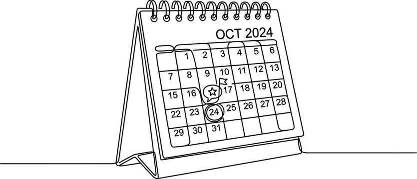 Continuous line drawing of a desktop calendar showing October 2024.