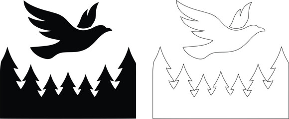 Bird flying over a pine forest vector set featuring a black silhouette and thin outline style, representing wildlife freedom nature conservation and eco friendly travel design themes. © Shafi Ullah