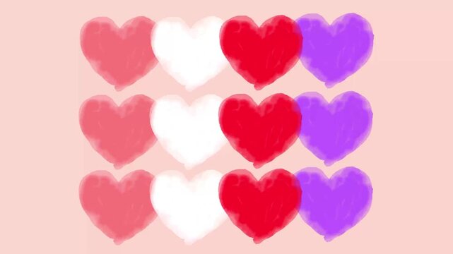 ハートのアニメーション　ほんわか手描きイラストの動画素材（並んだ、たくさんのハート）