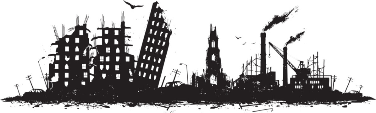 Ruined city landscape background apocalypse vector illustration with destroyed buildings and garbage.
