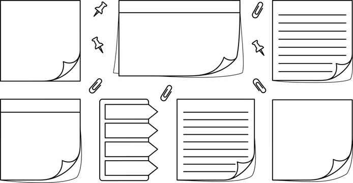 Sticky note vector memo pad icon set featuring lined paper reminder notes paperclips pushpins and office stationery elements