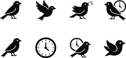 Bird Icons Showing Different Poses And A Clock On White Background birds flying © Mst