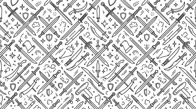 Sword seamless pattern vector background line art illustration with medieval daggers shields scrolls and fantasy game weapon icons