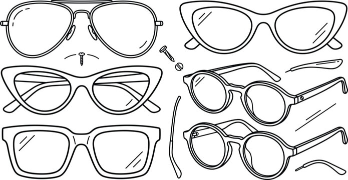 Sunglasses and eyeglasses vector illustration set line art drawing with aviator cat eye round square frames repair parts