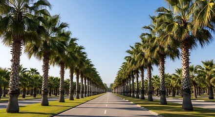 Fototapeta premium Palm-lined tropical roadway under clear blue sky.
