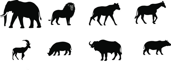 African Wildlife Animal Black Silhouette Vector Set Featuring Elephant Lion Hyena Giraffe Ibex Rhino Buffalo and Hippo Icons for Safari Nature Landscape Designs © Ashik 