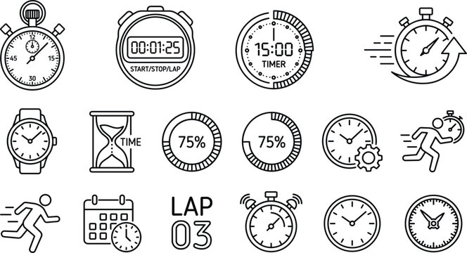 Time management and stopwatch vector illustration set line art drawing with clocks timers hourglass calendar and running icons