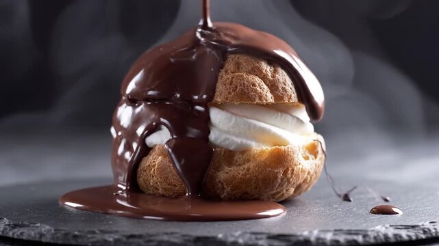 Liquid Chocolate Sauce Being Poured Over Fresh Cream Puffs Or Profiteroles On A Stone Plate Moody Dark Background Indulgent French Pastry