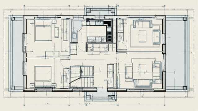 Detailed architectural blueprint of a modern residential apartment with clear room layouts and structural elements