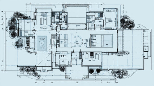 Detailed architectural blueprint of modern residential house with rooms and outdoor landscape elements