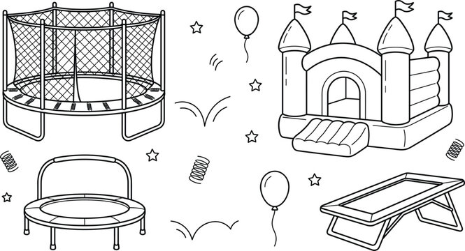 Trampoline and bouncy castle vector icon set featuring inflatable bounce house rebounder jumping fitness equipment line art elements