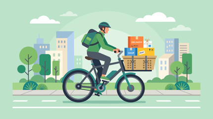 Naklejka premium Delivery man riding bicycle with packages in city.