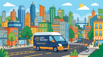 Obraz premium City delivery van driving through urban streets with skyscrapers.