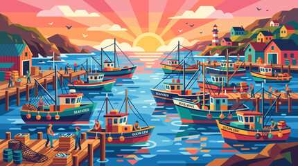 Obraz premium Colorful fishing boats docked in a vibrant harbor at sunset.