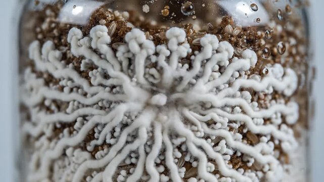 Mushroom Mycelium Growing Inside A Pf Tek Jar Timelapse White Fungal Threads Spreading Through Substrate Biology And Nature Growth