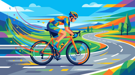 Fototapeta premium Cyclist riding a bicycle on a winding road with colorful abstract motion trails.