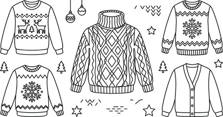 Ugly Christmas sweater vector illustration set line art drawing with snowflake reindeer cable knit jumper cardigan winter collection © Hafizul