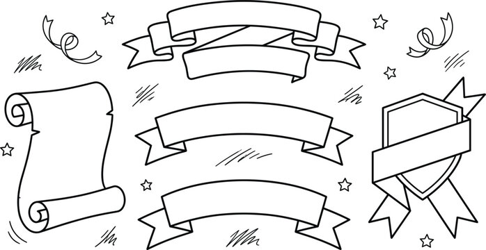 Vintage ribbon banners vector icon set featuring blank scroll parchment medieval shield flag and decorative celebration streamers