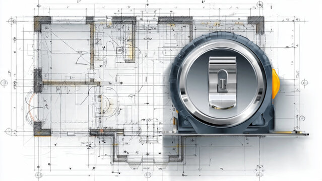 construction blueprint with laser level tool on detailed house plan view