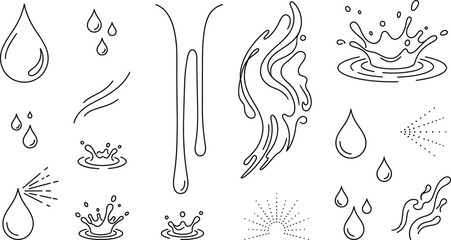 Water drop line art vector set with splash ripple rain droplet spray liquid flow drip abstract nature icons elements, © Hafizul