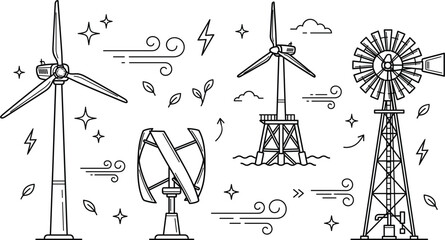 Wind turbine and windmill doodle line icon set featuring renewable green energy offshore wind power generators vector illustration. © Hafizul