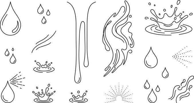 Water drop line art vector set with splash ripple rain droplet spray liquid flow drip abstract nature icons elements,