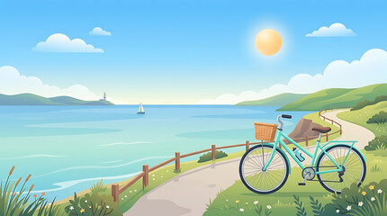 Fototapeta premium Bicycle On Scenic Coastal Trail With Bay And Lighthouse View