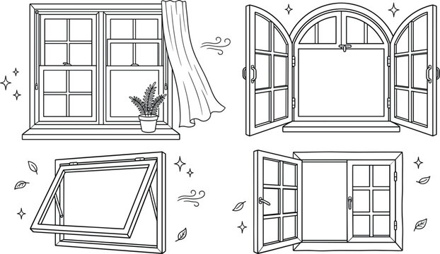 Window vector illustration set line art drawing with open arch frame casement awning sash curtains and potted plant