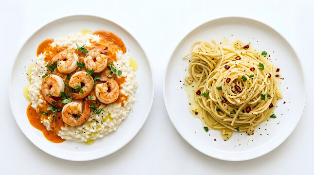 A side-by-side overhead presentation of shrimp bisque risotto and aglio olio spaghetti on two white plates against a clean white background.
