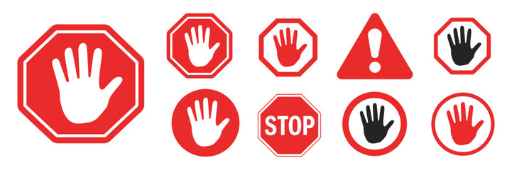 Fototapeta premium Alert warning stop sign icon set, road traffic safety symbols, prohibition hand gestures, danger notification vector illustration set.