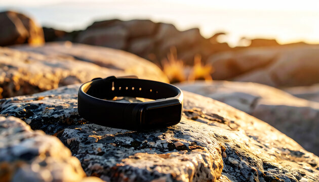 Black Wearable Fitness Tracker Resting On Granite Rock Outdoors During Sunset At Coastal Location