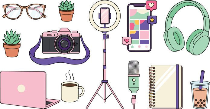 Content Creator Workspace Collection with Camera Ring Light Smartphone Headphones Laptop and Social Media Influencer Equipment Icons