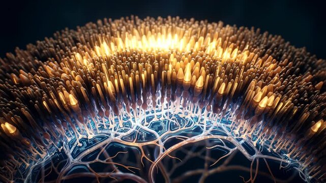 Microscopic view of neural network firing with golden light energy. 4K Video