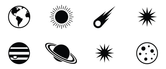 Astronomical icon set, celestial symbols, planets sun moon comet shapes, space objects, universe astronomy vector illustration © AYAT 01