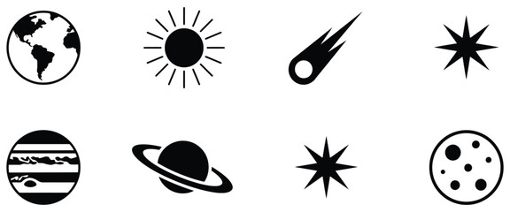 Astronomical icon set, celestial symbols, planets sun moon comet shapes, space objects, universe astronomy vector illustration © AYAT 01