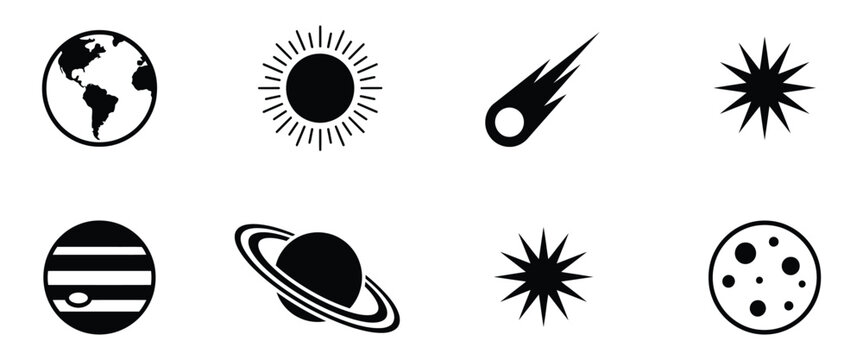 Astronomical icon set, celestial symbols, planets sun moon comet shapes, space objects, universe astronomy vector illustration