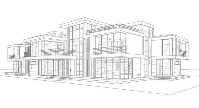 Refined Architectural Line Drawing of a Modern Luxury Villa with Contemporary Geometric Design and Large Glass Windows