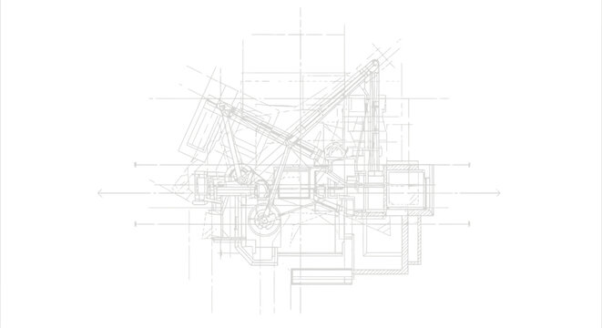 Abstract Conceptual Construction Sketch with Technical Geometric Lines and Architectural Drafting Elements on White Background