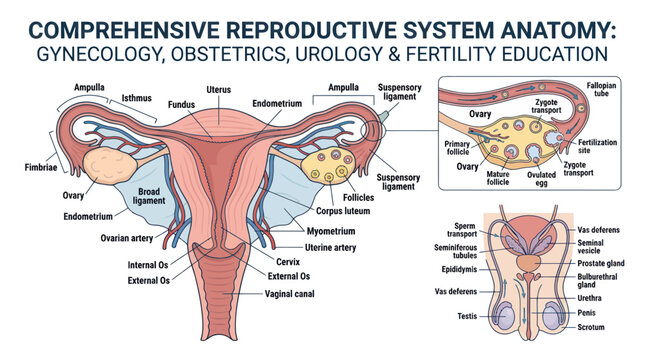Medical diagram of female and male human reproductive systems