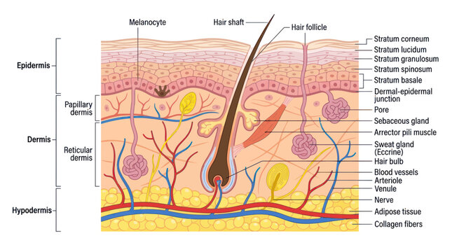 Human skin layers and anatomical structure cross section diagram