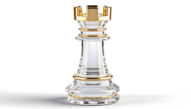 A shiny glass chess piece with gold accents stands alone on a plain surface indoors.