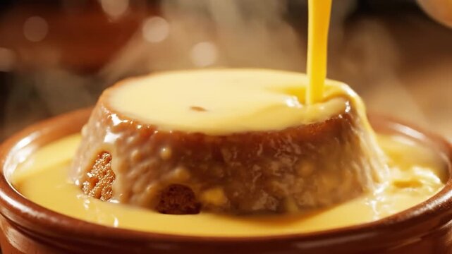 Cinematic View Of Rich Custard Sauce Being Poured Over Steaming Hot Traditional Malva Pudding In Close Up Shot South African Dessert Commercial