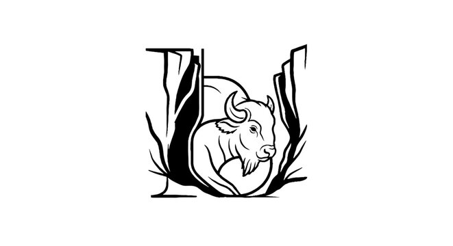 Illustrated buffalo head with grass and trees design.