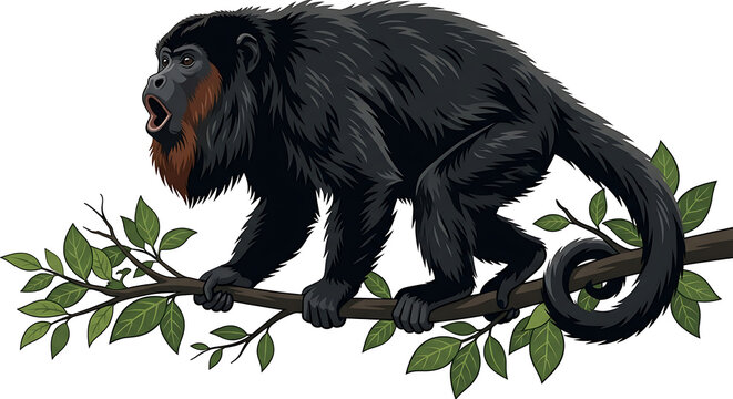 Howler Vector black monkey perched on tree branch in the jungle