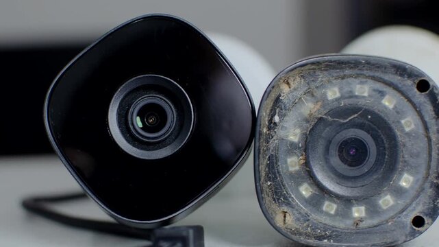 Security Camera - Detail of an old and modern security circuit camera, side by side on a white background, representing the evolution of surveillance.