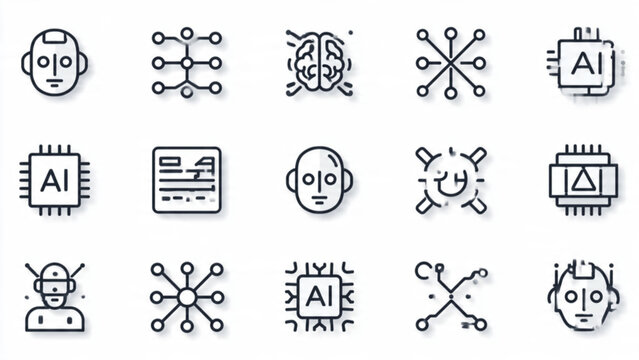 Collection of AI robot icons representing technology innovation and digital intelligence in simple monochrome style